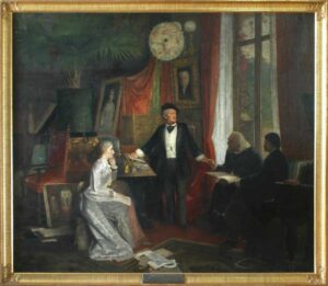 Cosima Wagner (née Liszt), Richard Wagner, Franz Liszt and Hans von Wolzogen at Villa Wahnfried, Bayreuth, Upper Franconia, Germany. Richard Wagner wore a hat also in the inside, which was a standard remedy against headaches at the time. Painting by Wilhelm Beckmann 1881. Source: Richard Wagner Museum, Luzern.