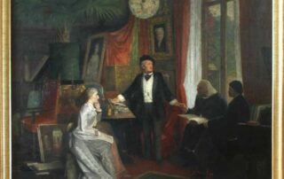 Cosima Wagner (née Liszt), Richard Wagner, Franz Liszt and Hans von Wolzogen at Villa Wahnfried, Bayreuth, Upper Franconia, Germany. Richard Wagner wore a hat also in the inside, which was a standard remedy against headaches at the time. Painting by Wilhelm Beckmann 1881. Source: Richard Wagner Museum, Luzern.